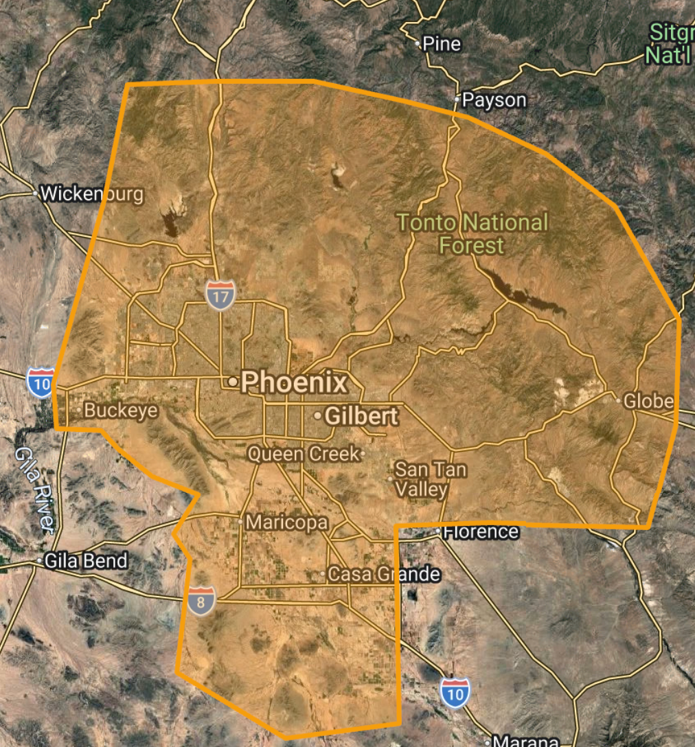 Map of Gardea's Construction service area across the Phoenix metro and central Arizona